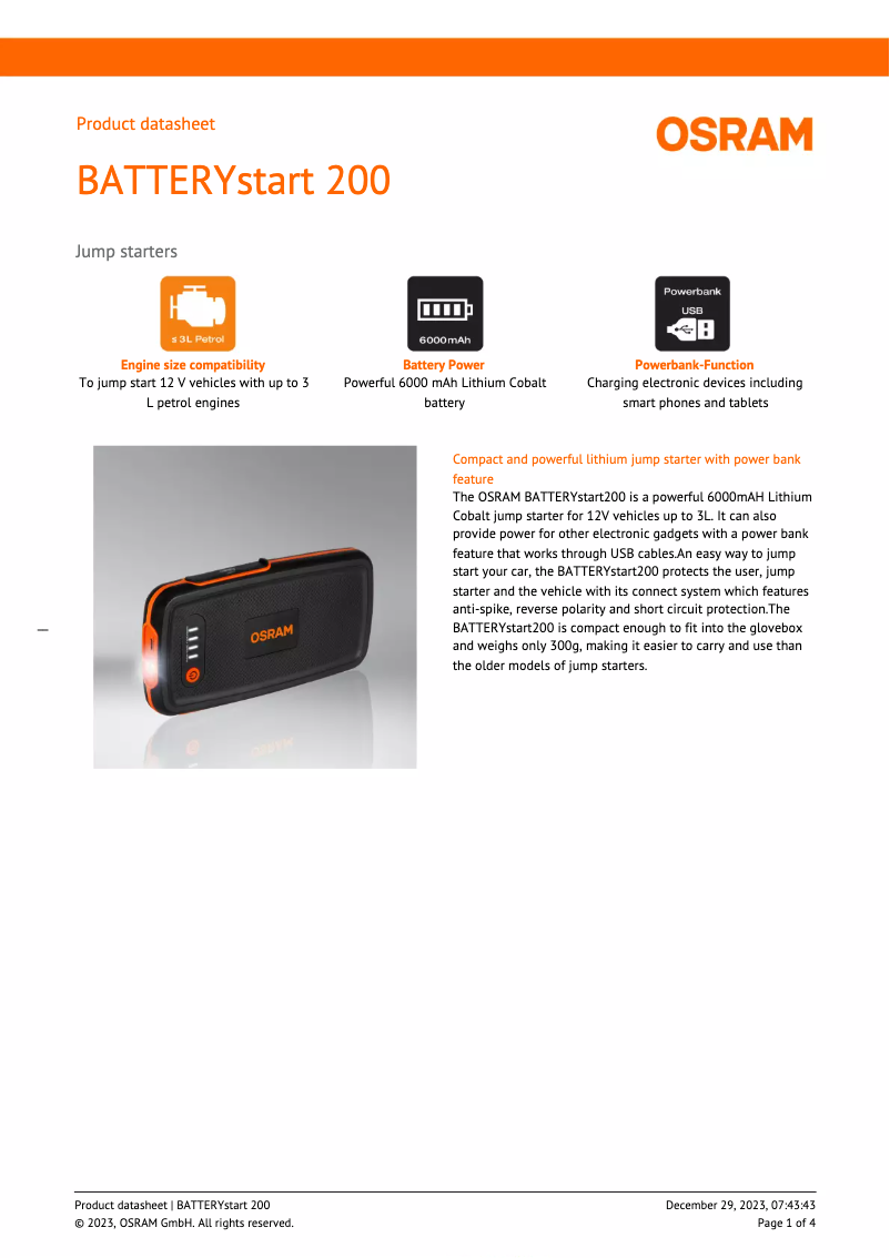 Image de la première page du manuel de l'appareil BATTERYstart 200