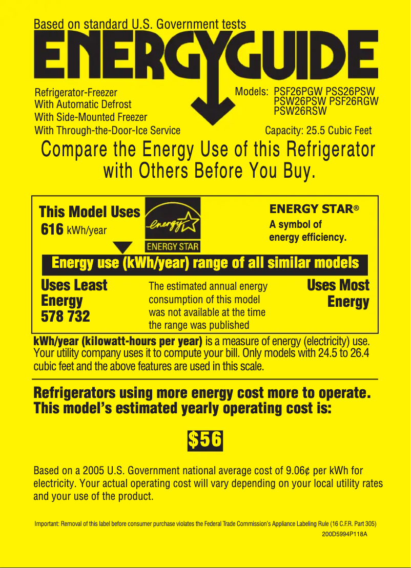 Page 1 de la notice Label énergétique GE PSS26PSWSS