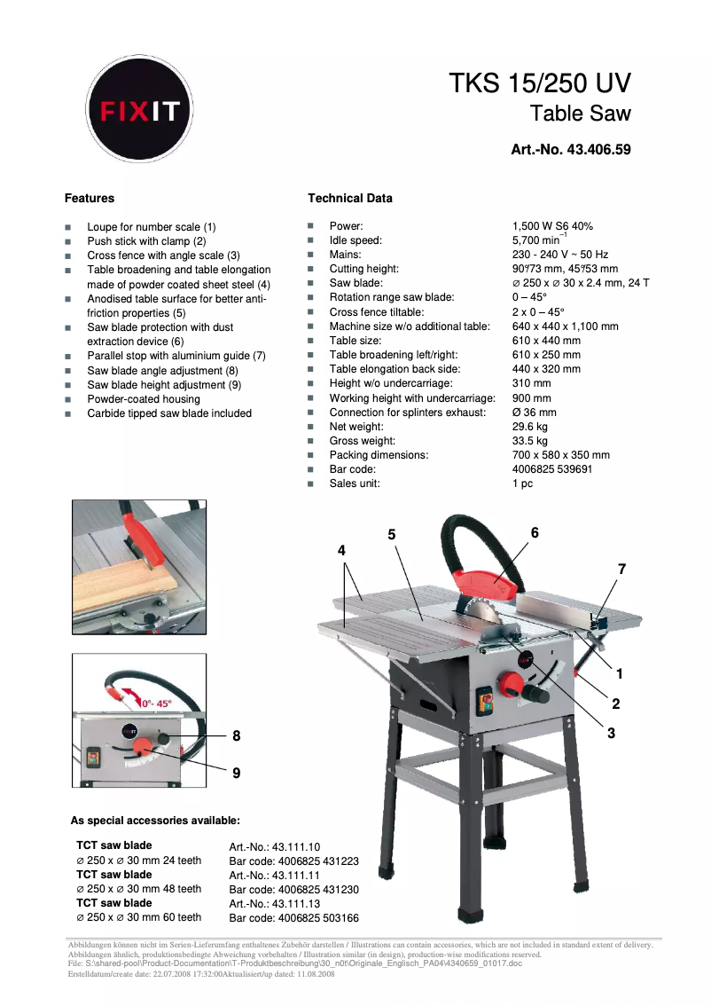Image de la première page du manuel de l'appareil TKS 15/250 UV