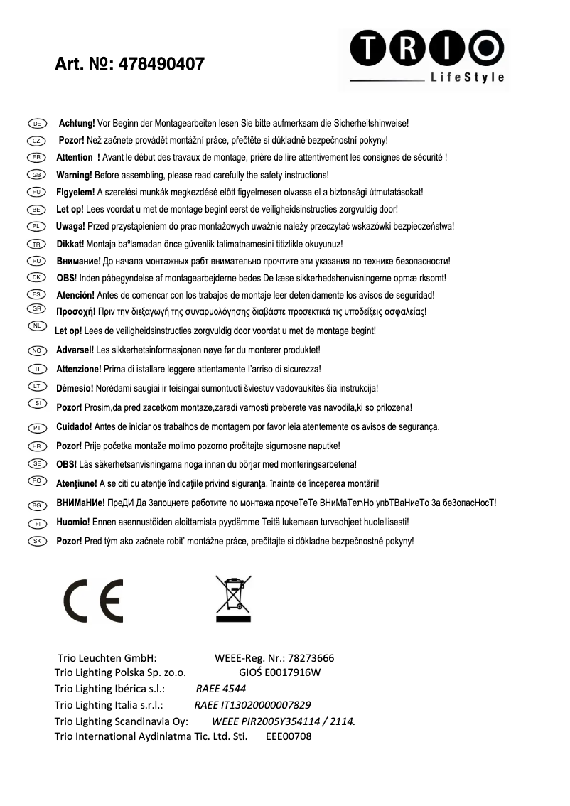 Page 1 de la notice Manuel utilisateur Trio Lighting Columbus 478490407