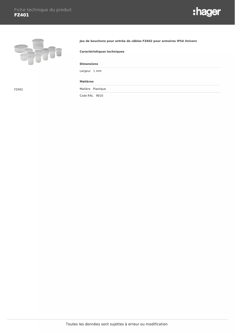 Page 1 de la notice Fiche technique Hager FZ401