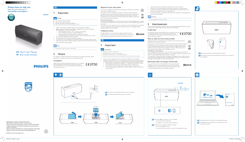 Page n°1 - Guide de démarrage rapide Philips BT3010B