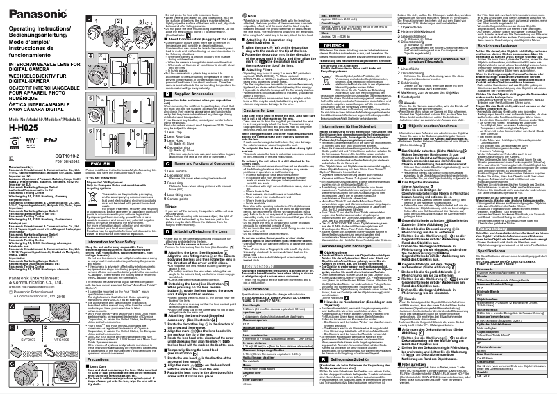 Page 1 de la notice Manuel utilisateur Panasonic H-H025E