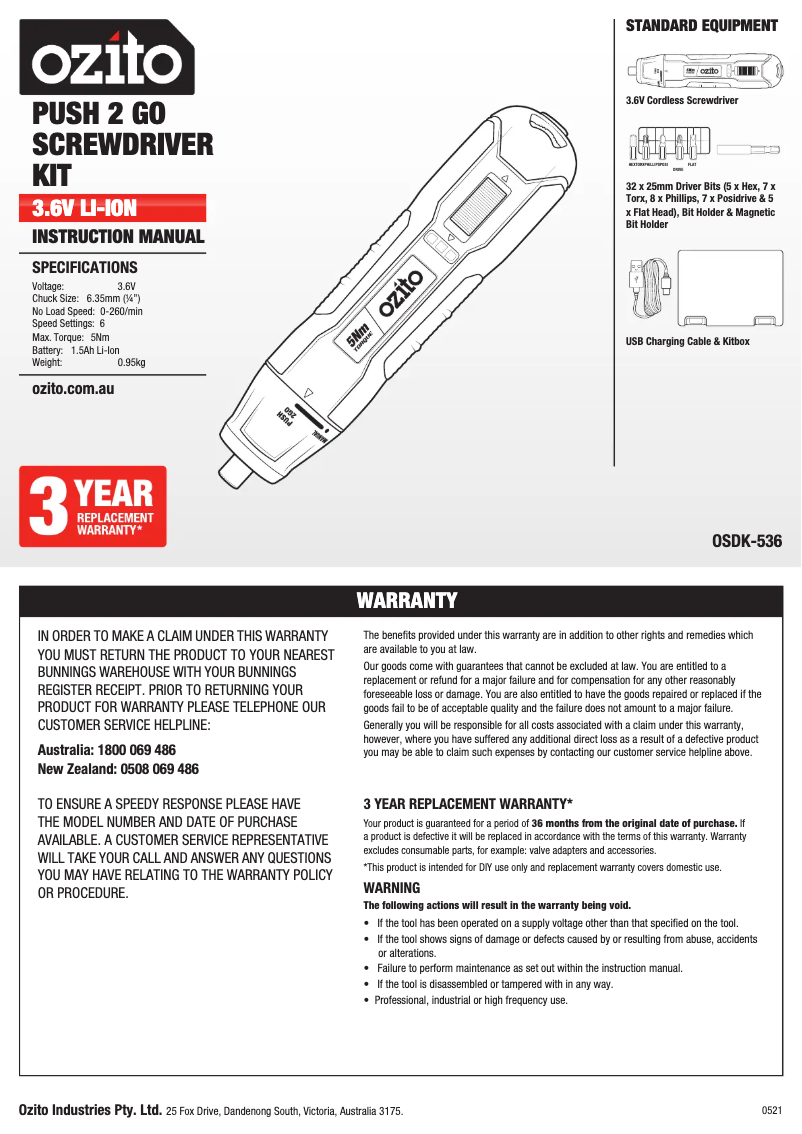 Page 1 de la notice Manuel utilisateur Ozito OSDK-536
