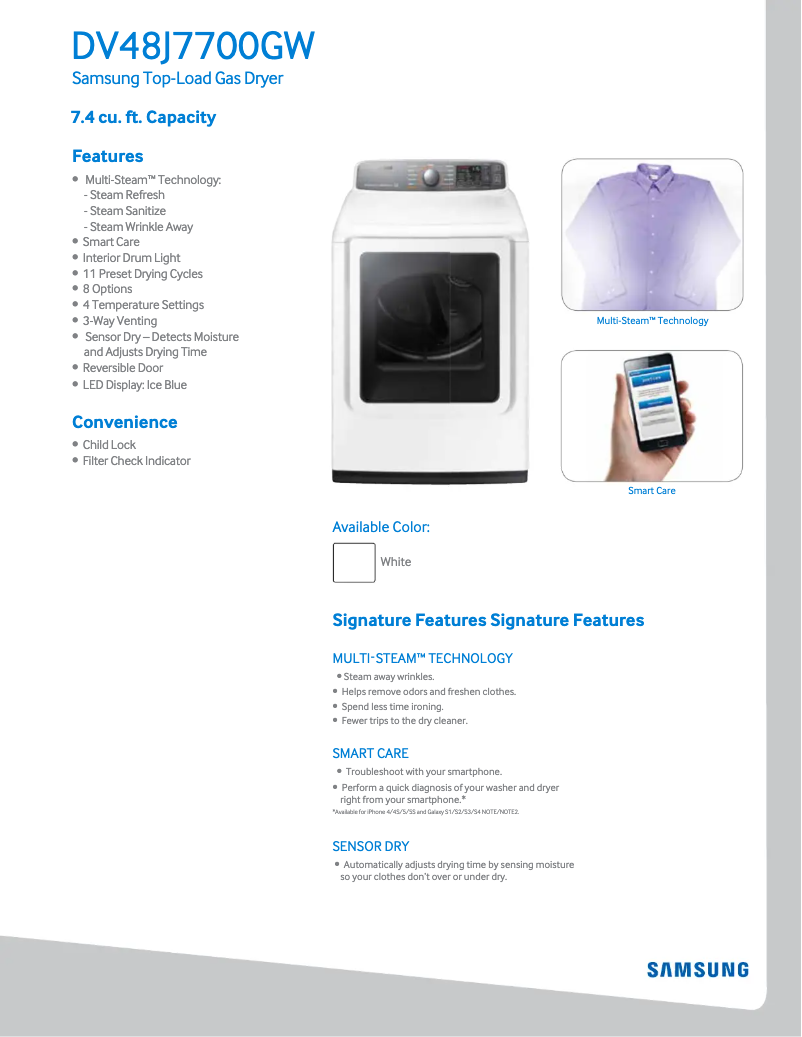 Page 1 de la notice Fiche technique Samsung DV48J7700G