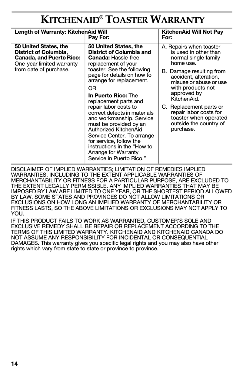 Page 1 de la notice Informations de garantie KitchenAid KMT3115ER