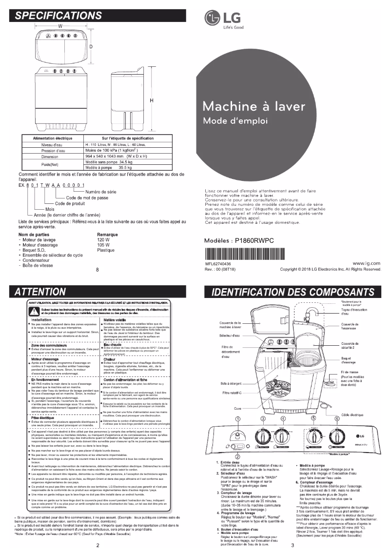 Page 1 de la notice Manuel utilisateur LG P1860RWPC