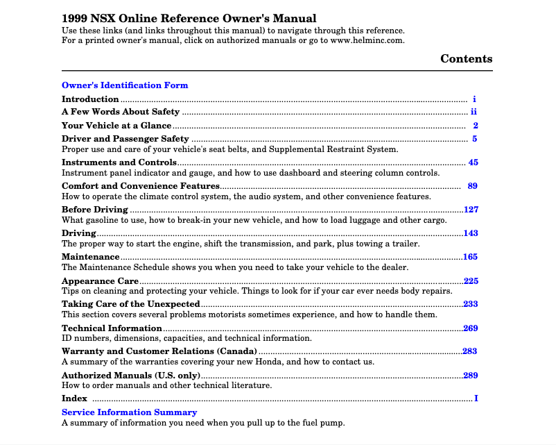 Page 1 de la notice Manuel utilisateur Acura NSX (1999)