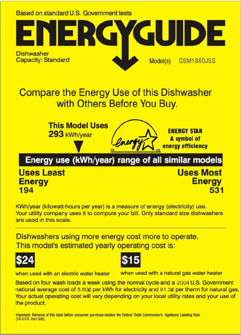Page 1 de la notice Label énergétique GE GSM1860JSS