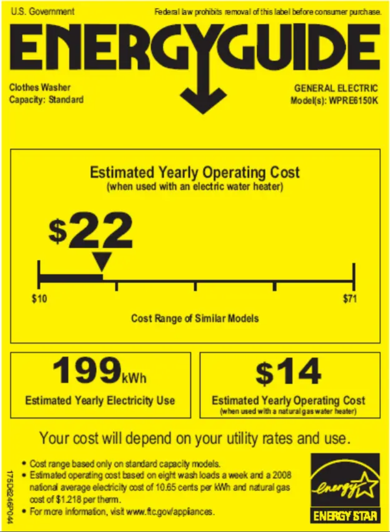 Page 1 de la notice Label énergétique GE WPRE6150KWT