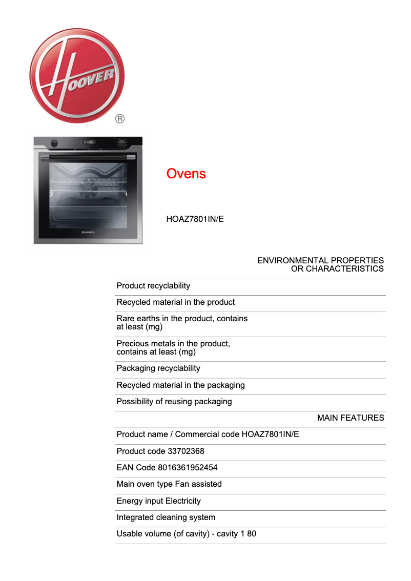 Page n°1 - Fiche technique Hoover HOAZ7801IN/E