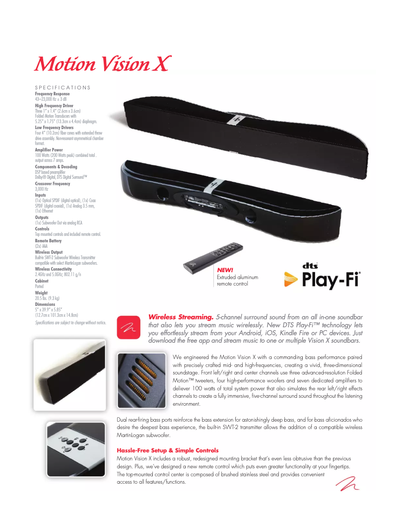 Page 1 de la notice Fiche technique Martin Logan Motion Vision X