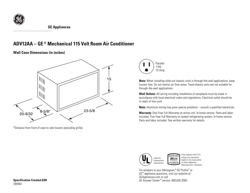 Page 1 de la notice Fiche technique GE ADV12AA