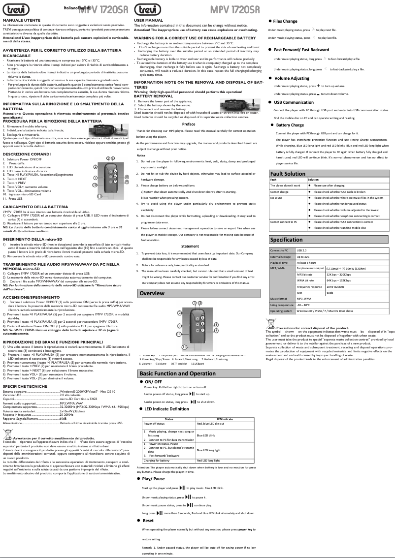 Page 1 de la notice Manuel utilisateur Trevi MPV 1720 SR