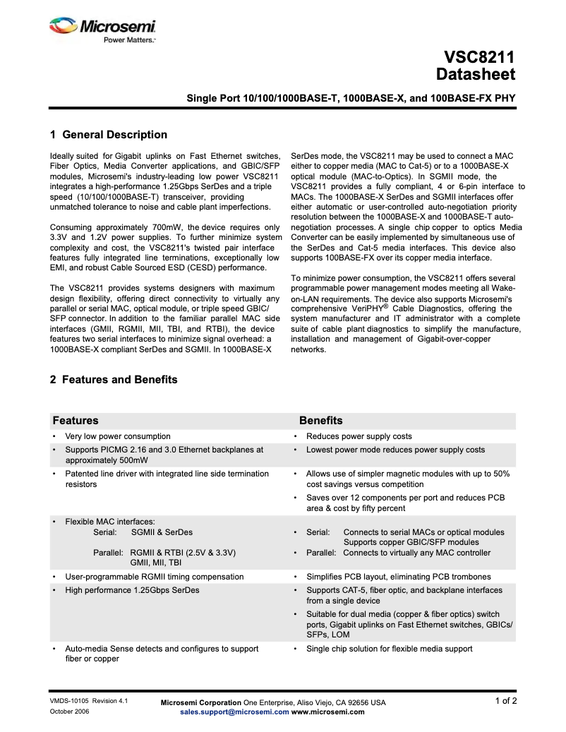 Página 1 del manual Ficha técnica Microchip VSC8211