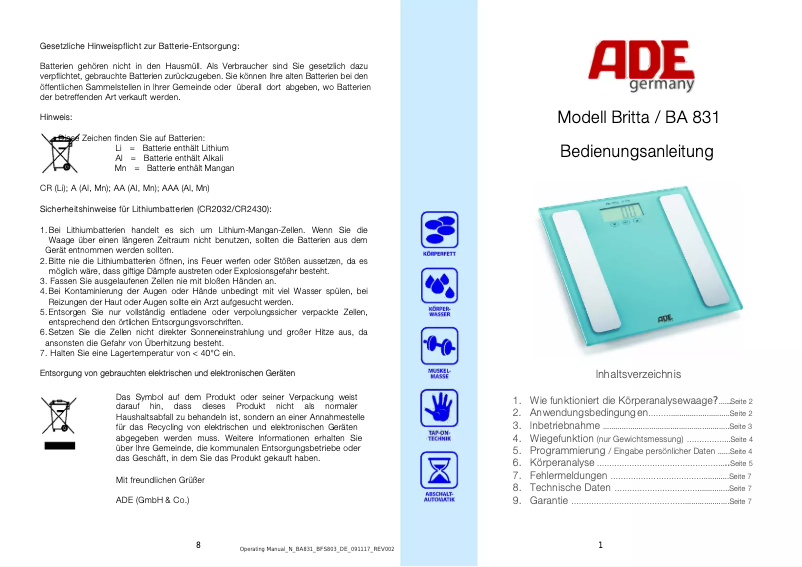 Page 1 de la notice Manuel utilisateur ADE Britta BA 831