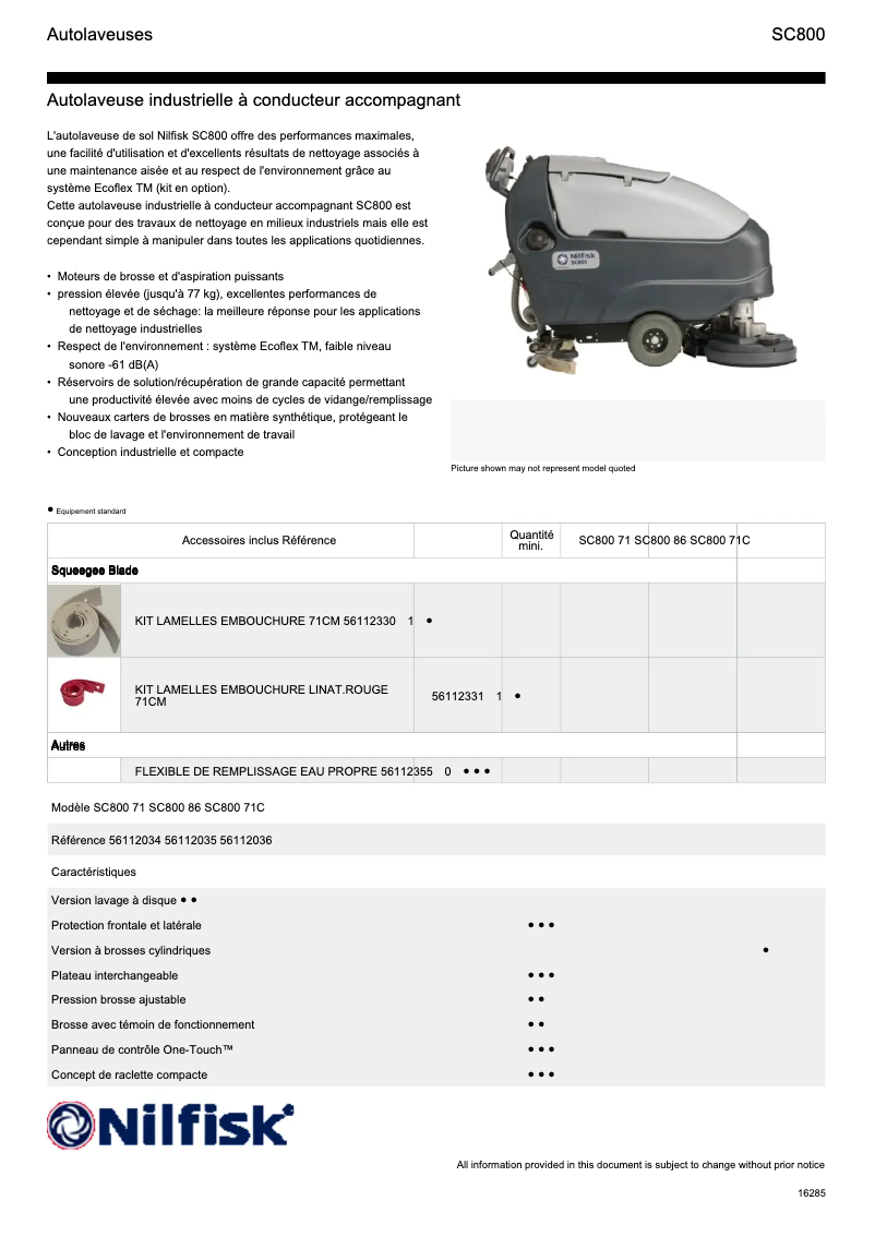 Page 1 de la notice Fiche technique Nilfisk SC800