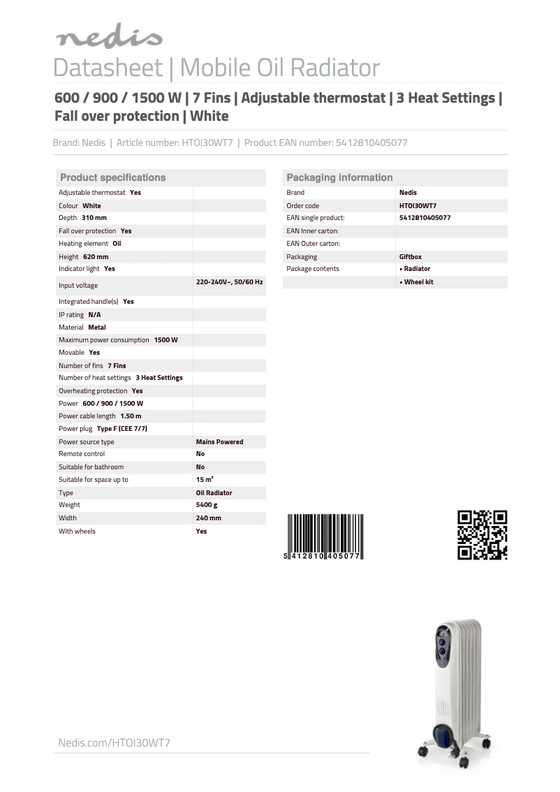 Page 1 de la notice Fiche technique Nedis HTOI30WT7