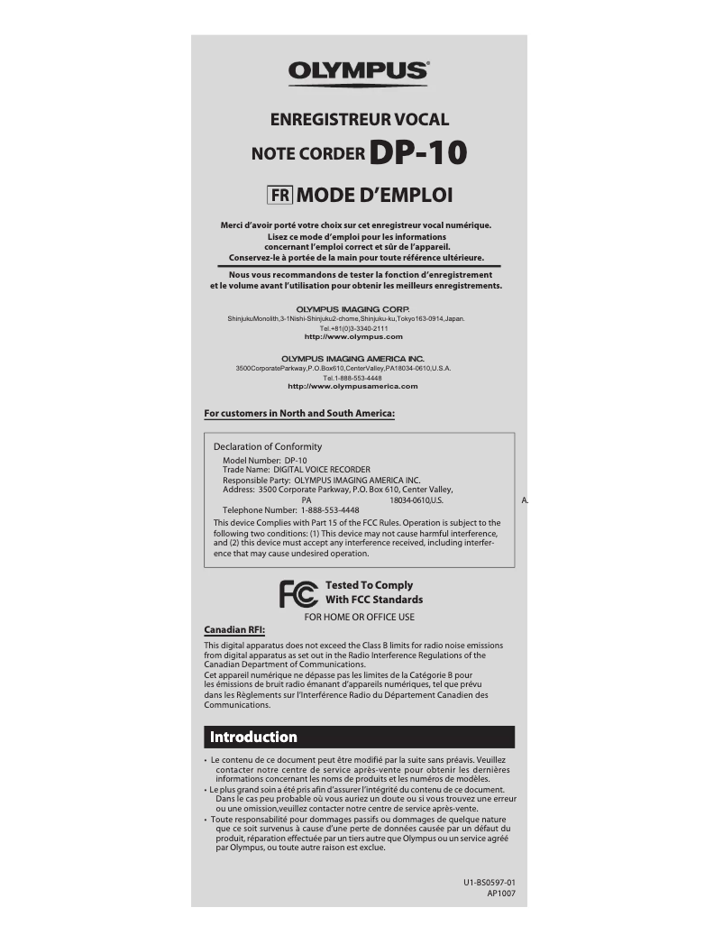 Page n°1 - Manuel utilisateur Olympus DP-10