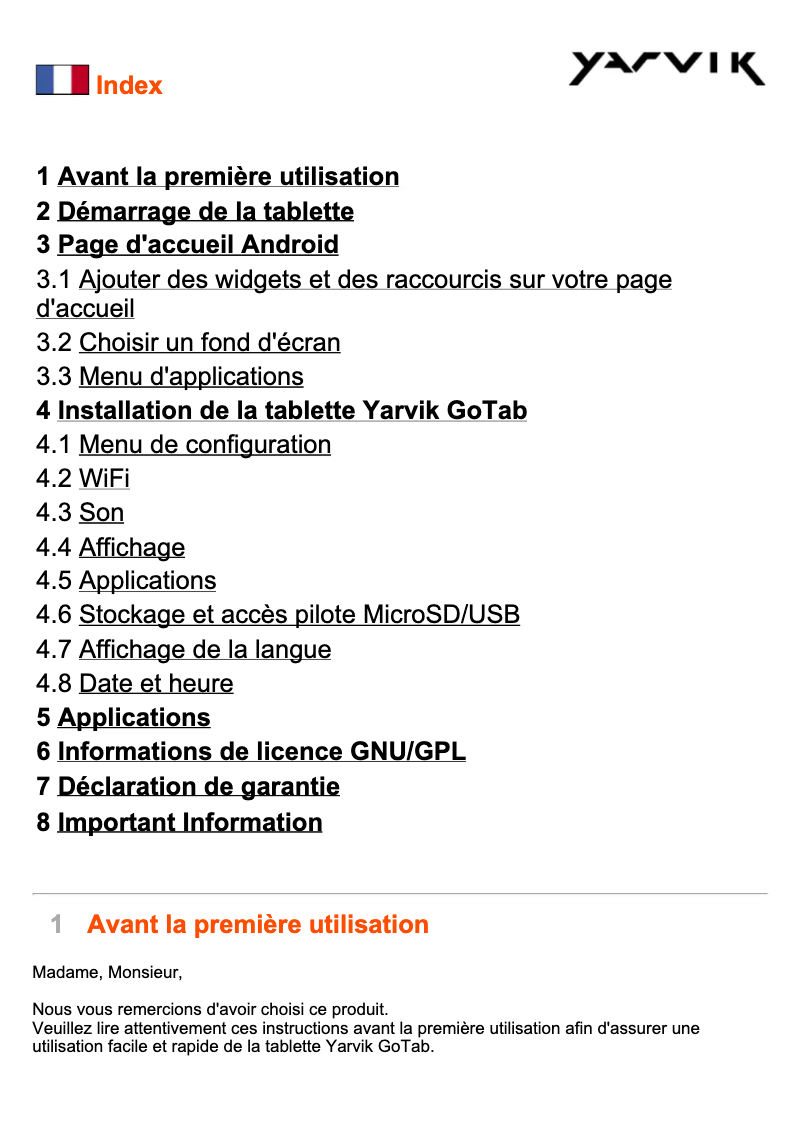 Page n°1 - Manuel utilisateur Yarvik Zania 10ic
