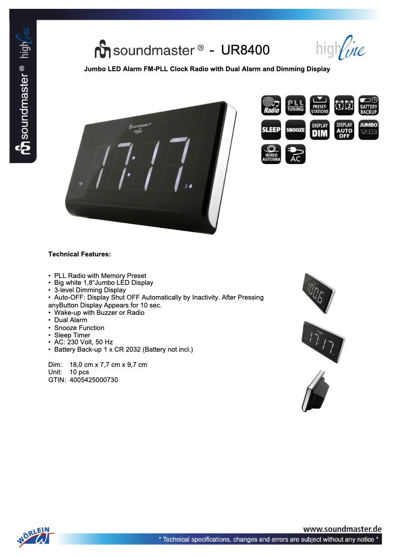 Page 1 de la notice Fiche technique Soundmaster UR8400