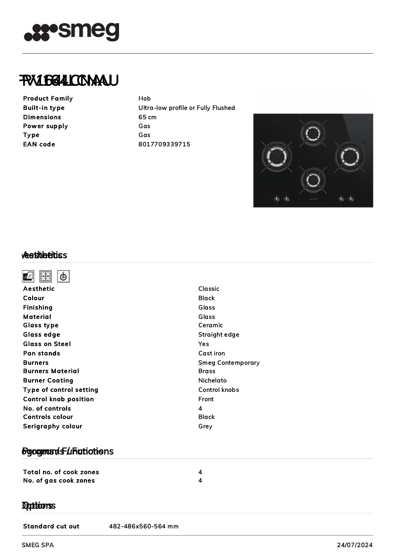 Page 1 de la notice Fiche technique Smeg PV164LCNAU