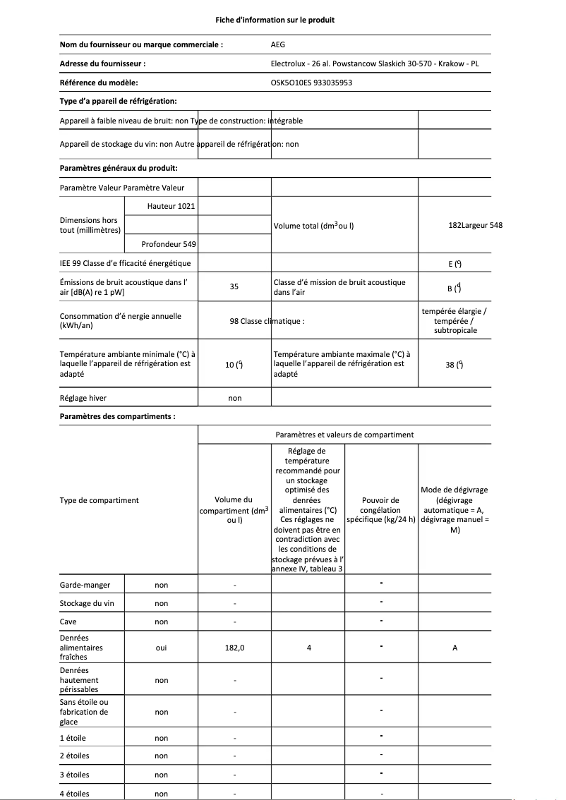Page 1 de la notice Fiche technique AEG OSK5O10ES
