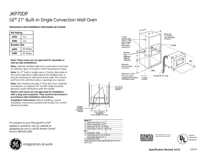 Page 1 de la notice Fiche technique GE JKP70DPBB