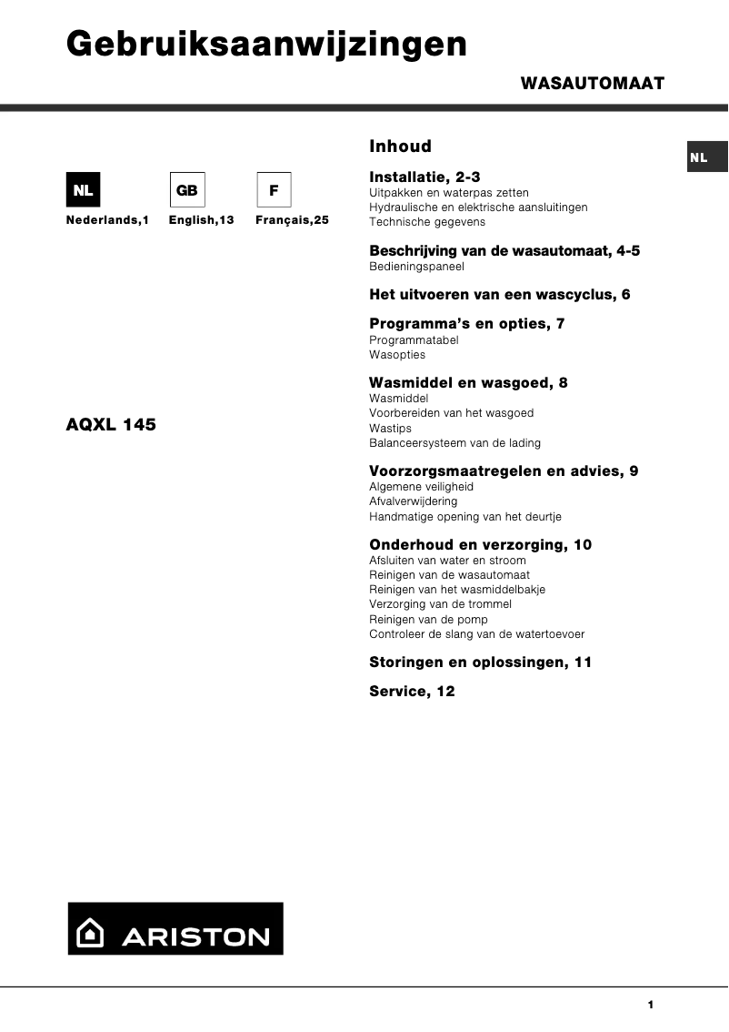 Page 1 de la notice Manuel utilisateur Ariston Thermo AQXL 145