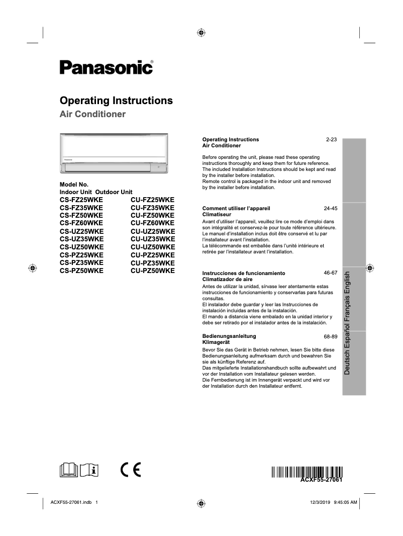 Page 1 de la notice Manuel utilisateur Panasonic CU-FZ60WKE