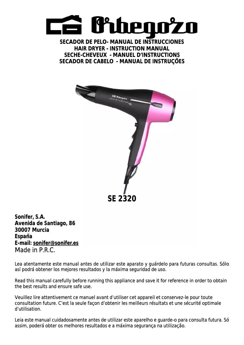 Page 1 de la notice Manuel utilisateur Orbegozo SE 2320