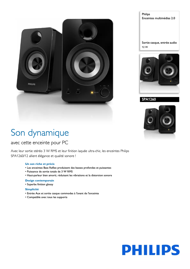 Page 1 de la notice Fiche technique Philips SPA1260