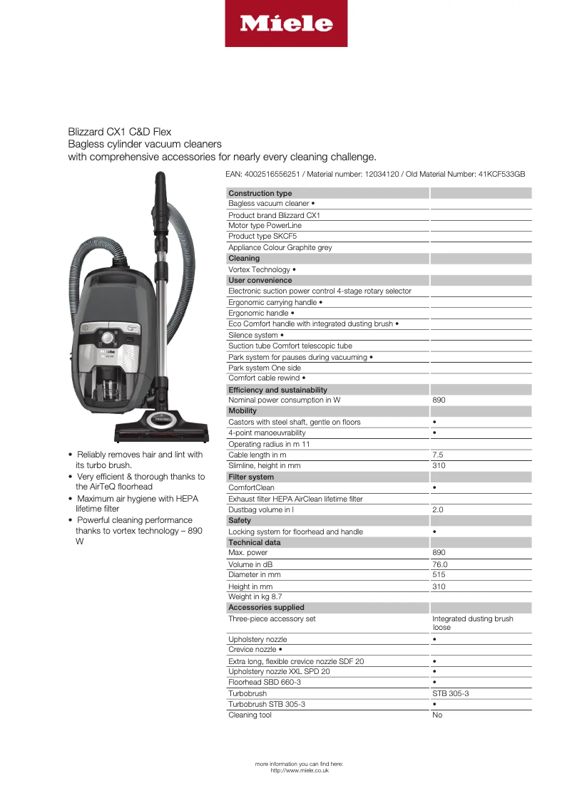 Page 1 de la notice Fiche technique Miele Blizzard CX1 C&D Flex