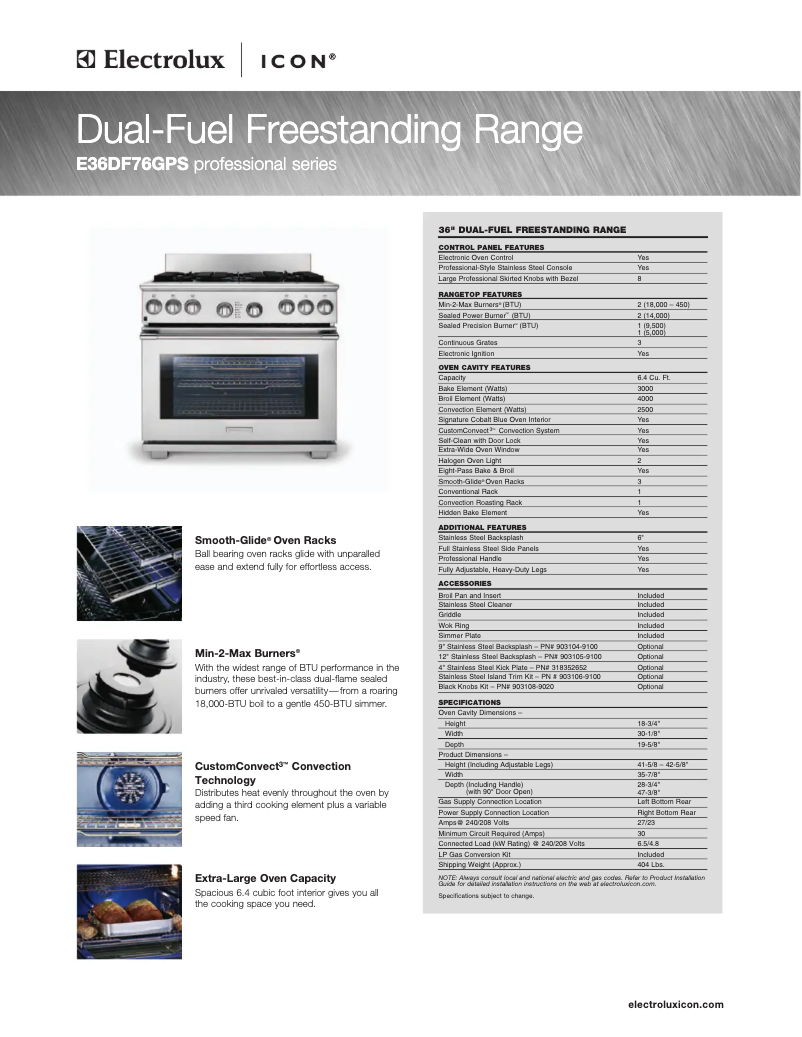 Page 1 de la notice Fiche technique Electrolux E36DF76GPS