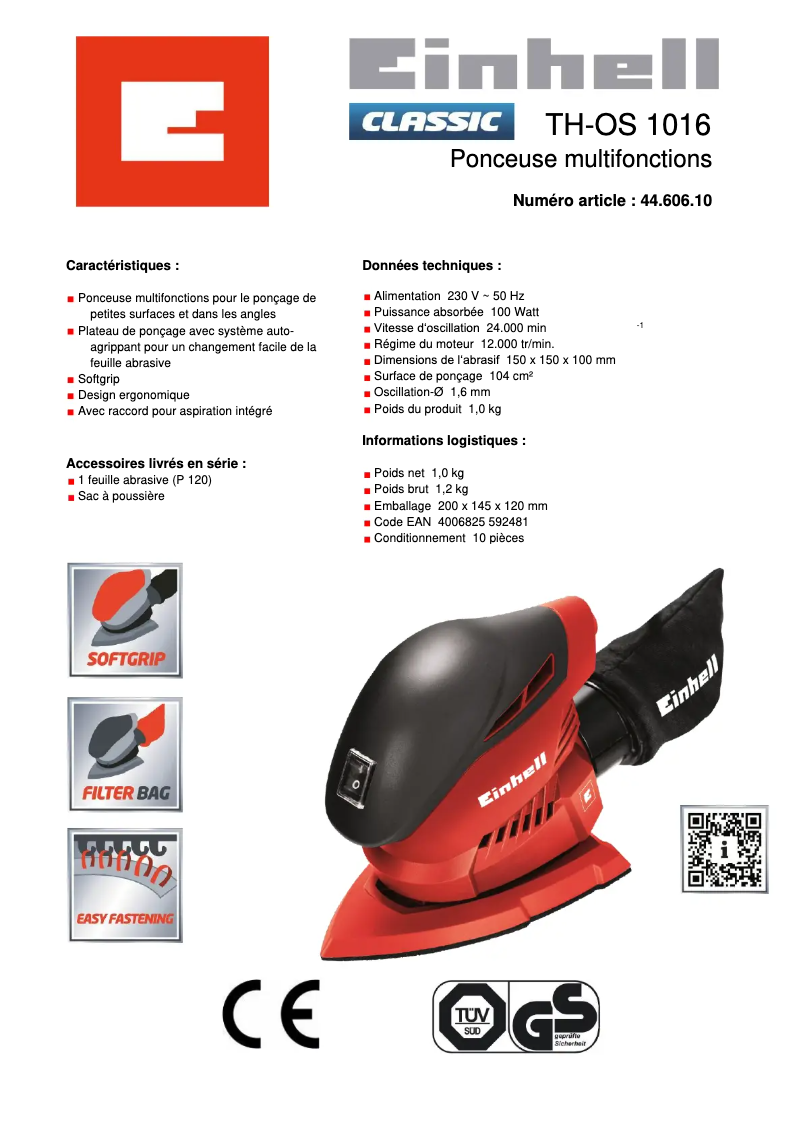 Page n°1 - Fiche technique Einhell TH-OS 1016