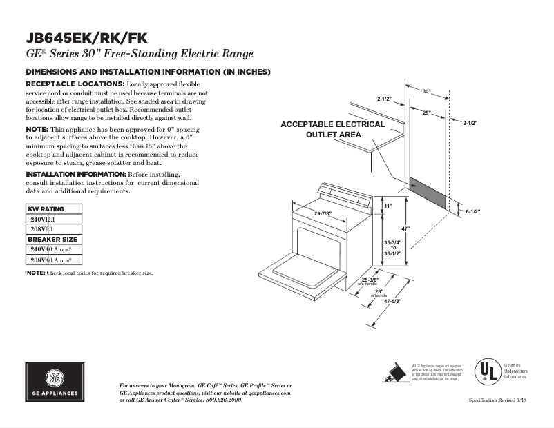 Page 1 de la notice Fiche technique GE JB645FKDS
