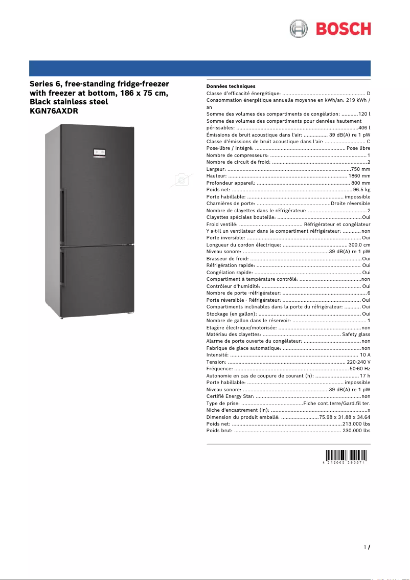 Página 1 del manual Ficha técnica Bosch KGN76AXDR