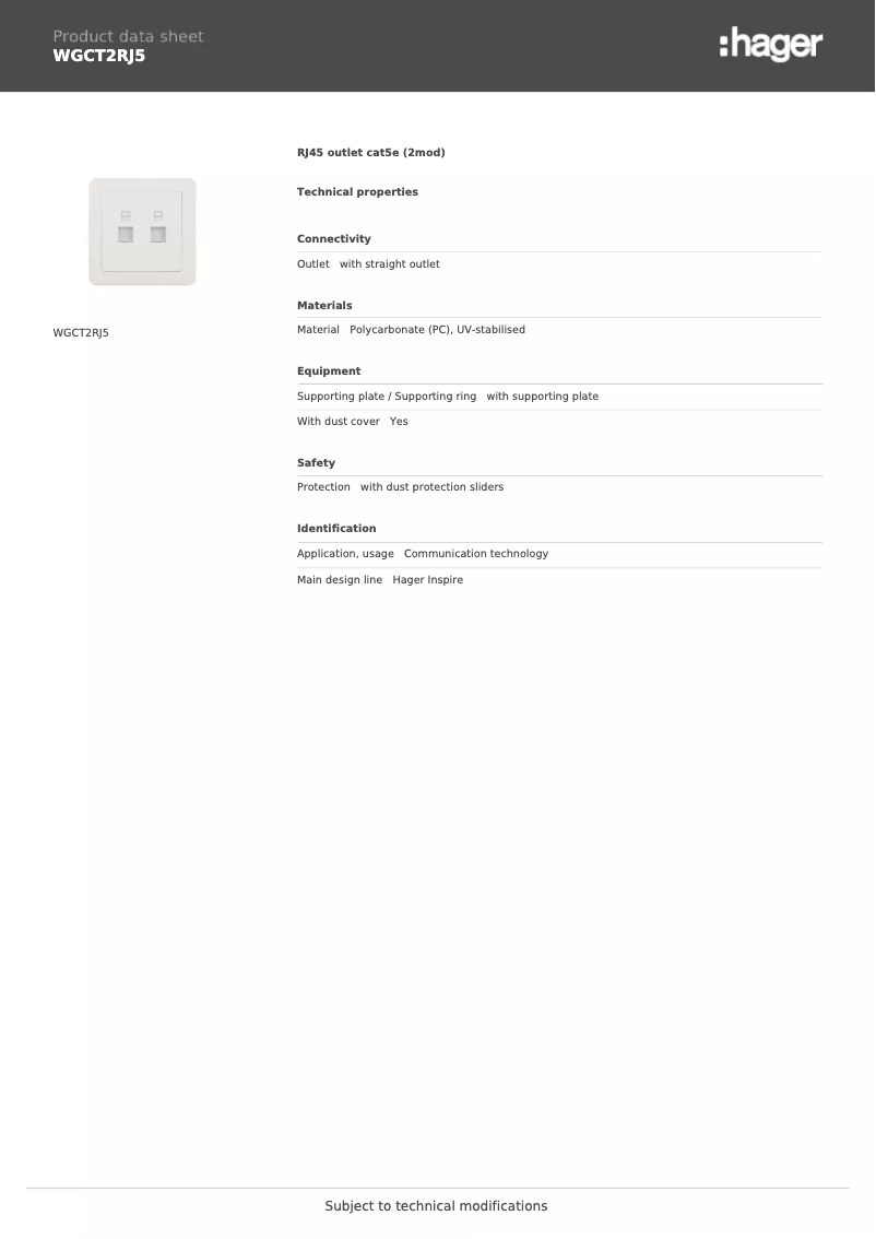Page n°1 - Fiche technique Hager WGCT2RJ5
