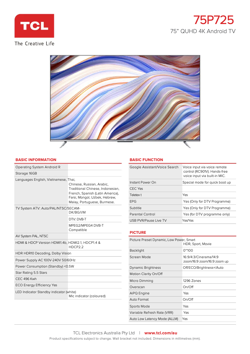 Page 1 de la notice Fiche technique TCL 75P725