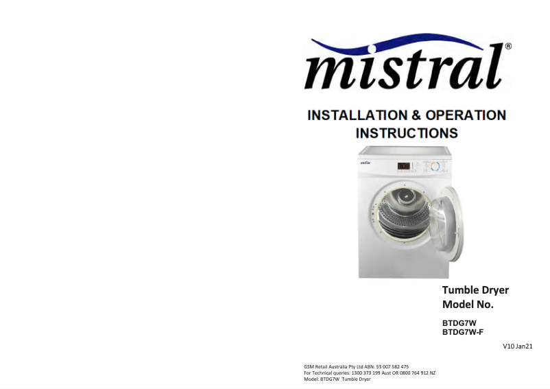 Page 1 de la notice Manuel utilisateur Mistral BTDG7W