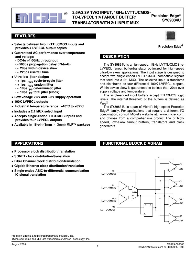 Page 1 de la notice Manuel utilisateur Microchip SY89834U
