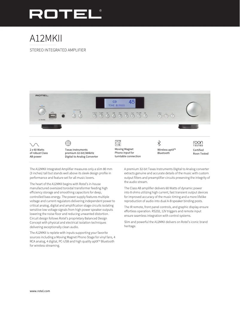 Página 1 del manual Ficha técnica Rotel A12 MKII