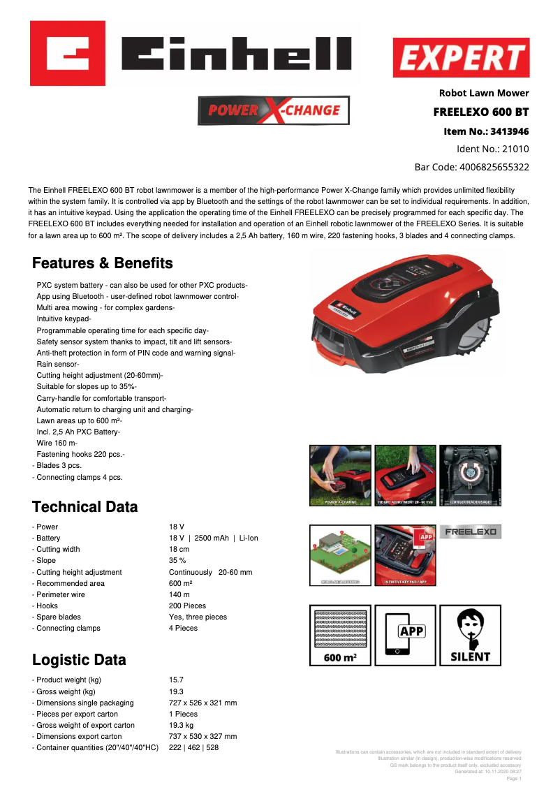 Page n°1 - Fiche technique Einhell FREELEXO 600 BT
