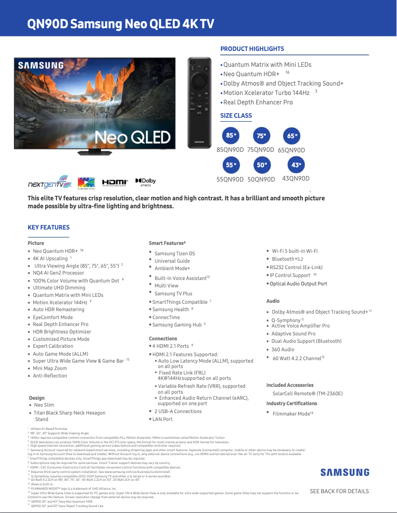 Page 1 de la notice Fiche technique Samsung QN65QN90DAF