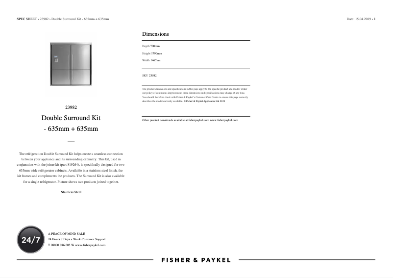 Page 1 de la notice Fiche technique Fisher & Paykel 23982