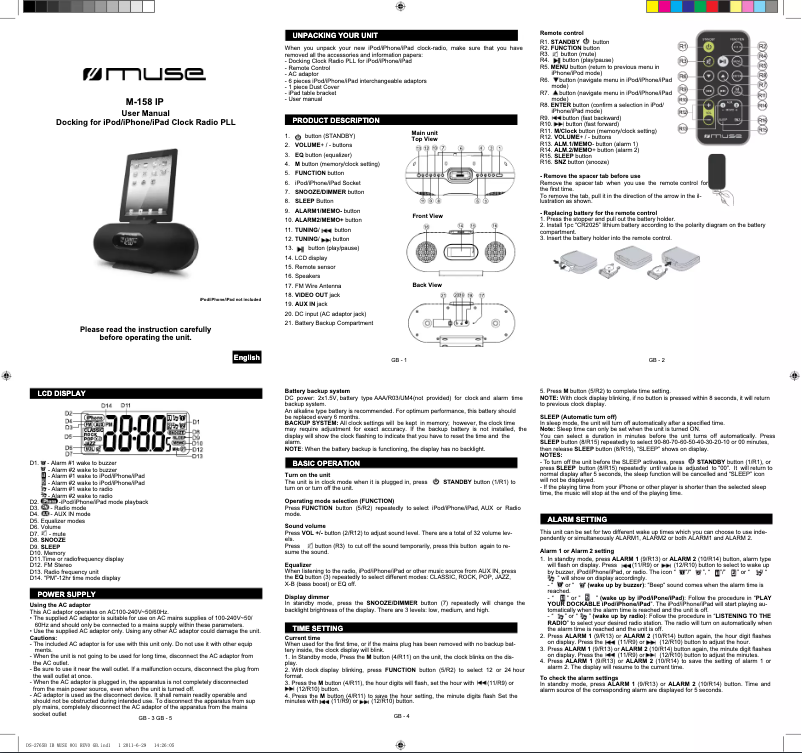 Page n°1 - Manuel utilisateur Muse M-158 IPW