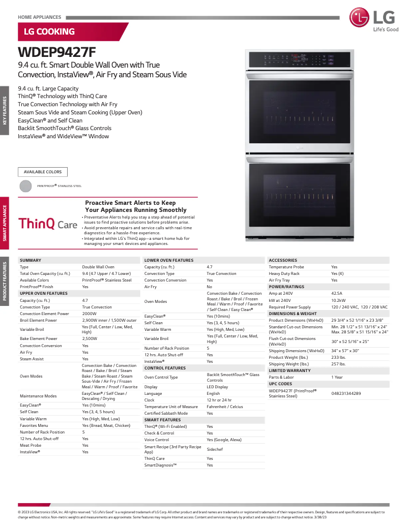 Page 1 de la notice Fiche technique LG WDEP9427F