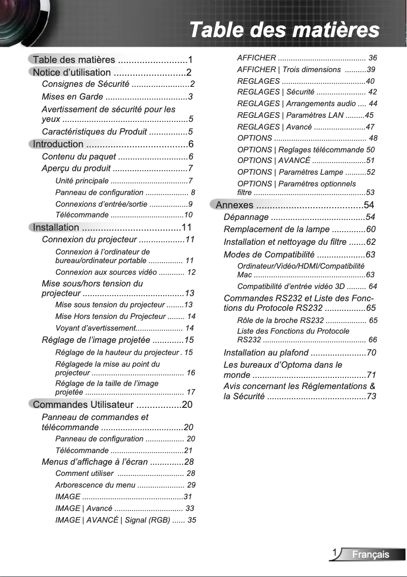 Page 1 de la notice Manuel utilisateur Optoma W351
