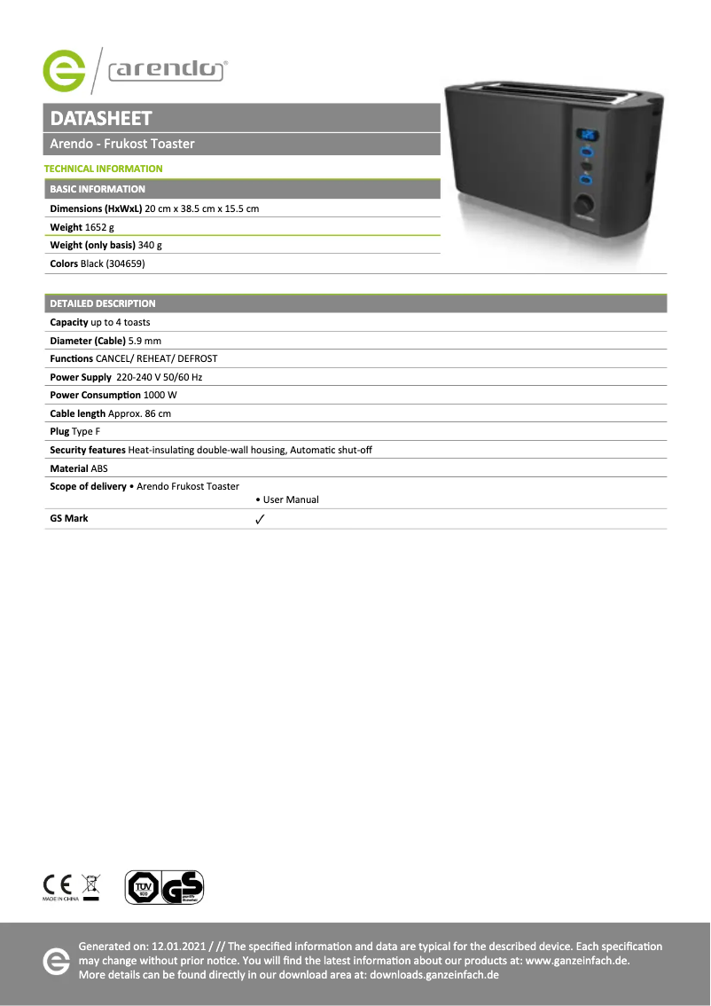 Page 1 de la notice Fiche technique Arendo Frukost 304659