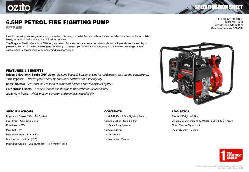 Página 1 del manual Ficha técnica Ozito PFFP-65E